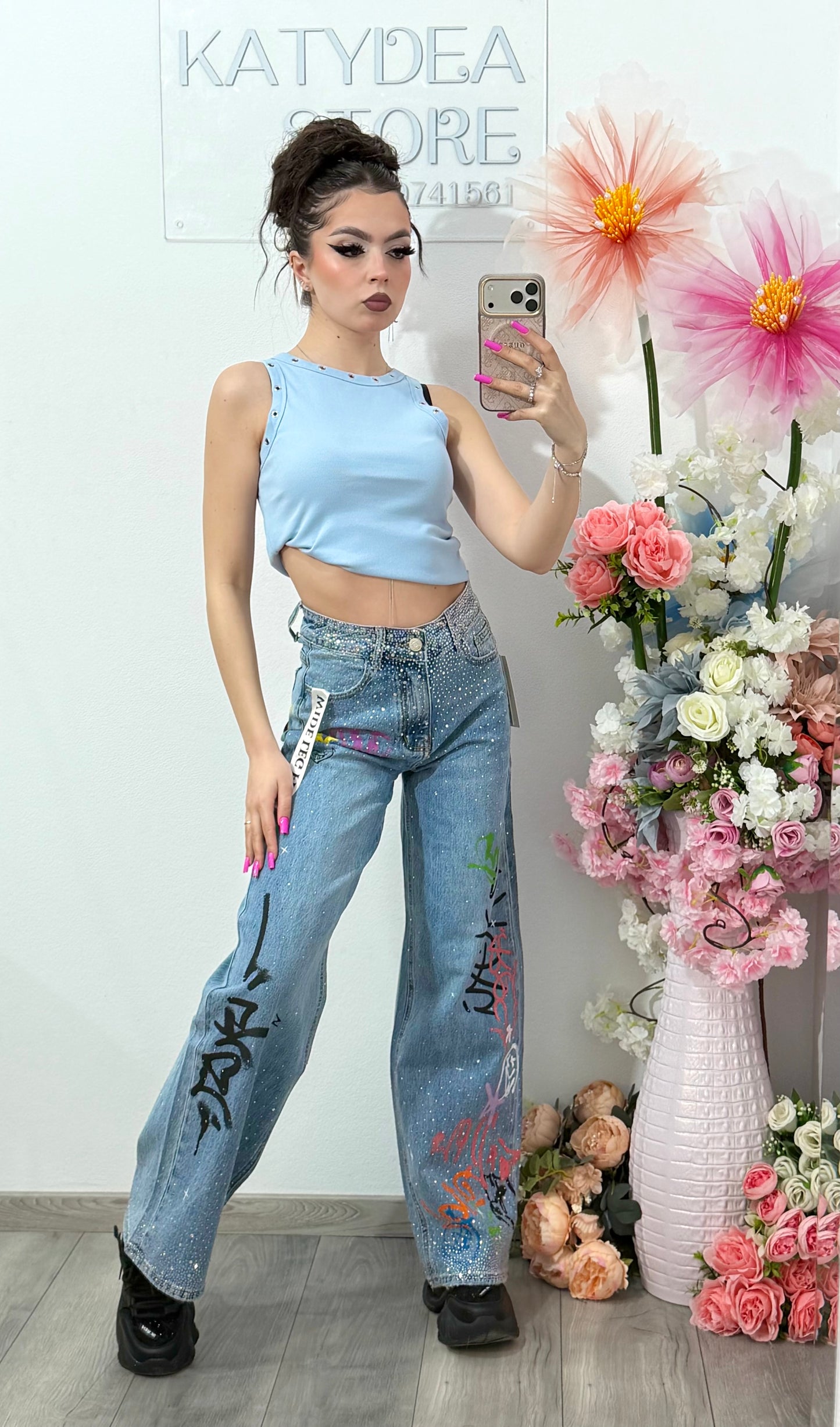 Jeans WideLeg cu cristale și grafitti ANDREE