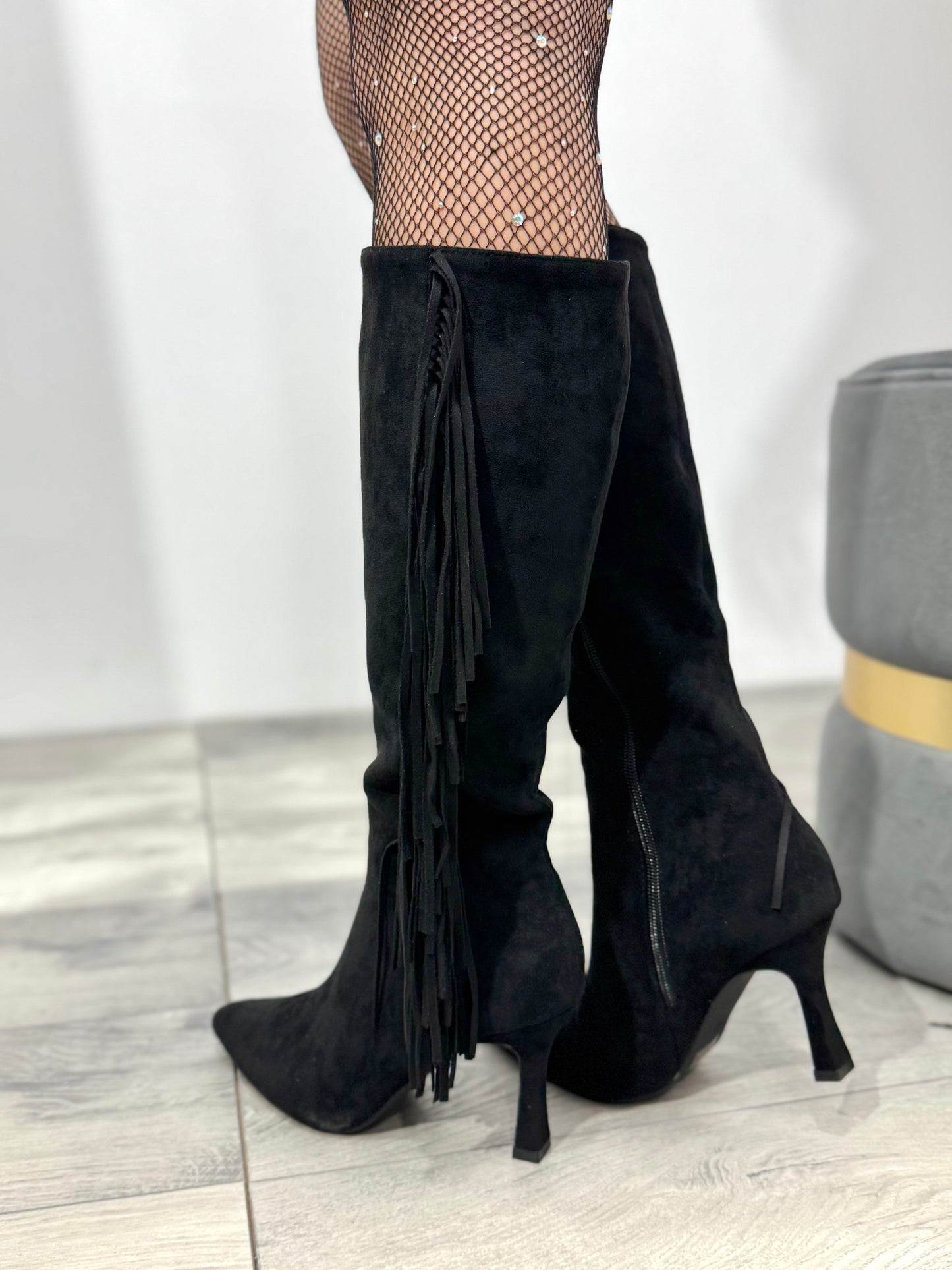 Cizme cu franjuri și toc subtire ANNA