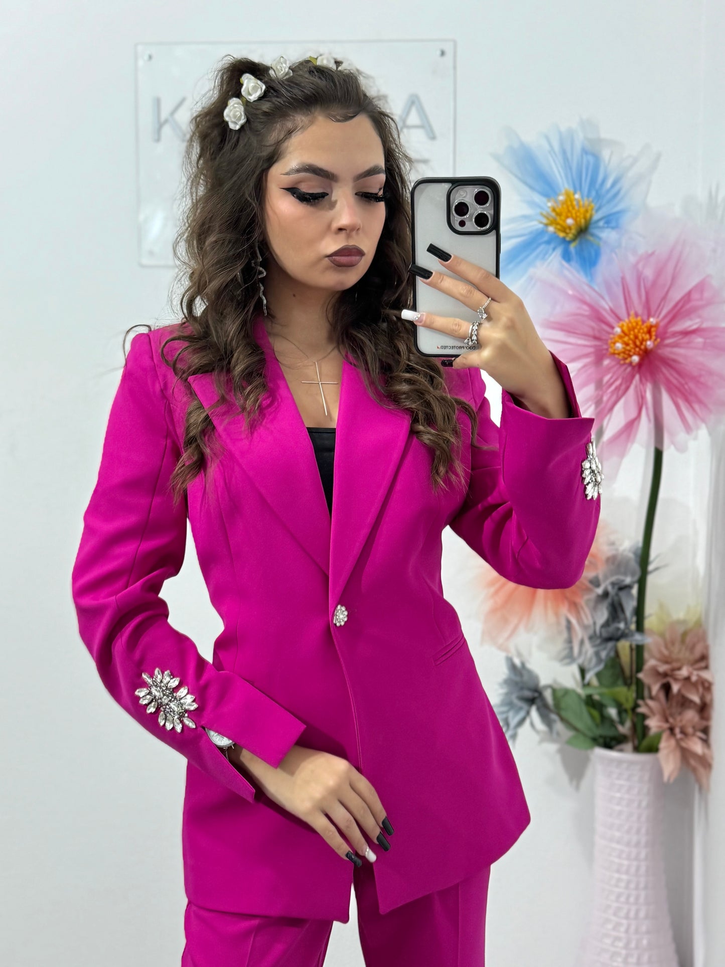 Costum damă Paula 2 piese – sacou & pantaloni slim fucsia