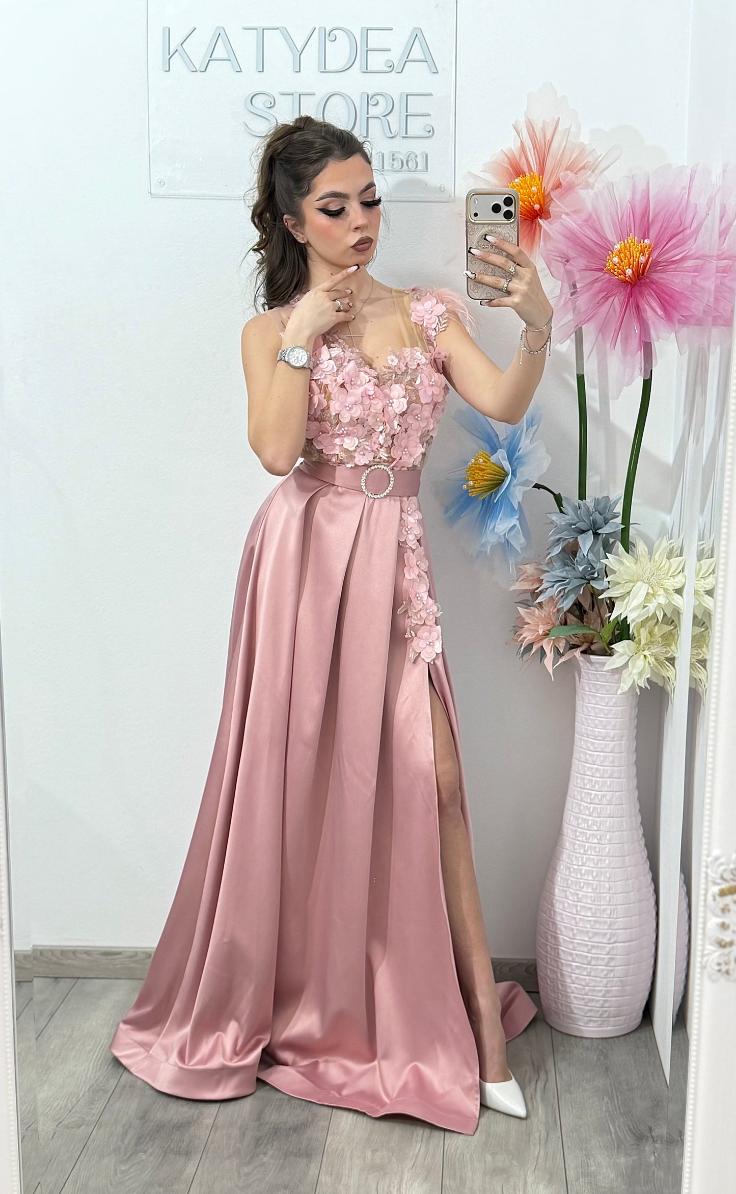 Rochie lunga din tafta roz Gabrielle
