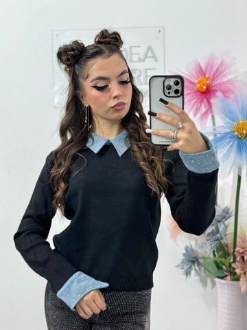 Pulover cu guler din denim Delia