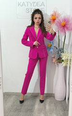 Costum elegant cu cristale și pene fucsia Carina