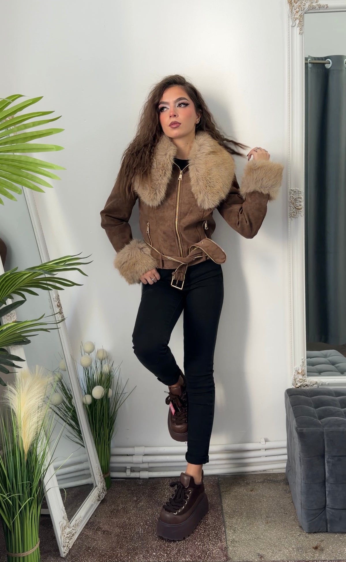 Geacă din imitație de piele și blană CAMEL