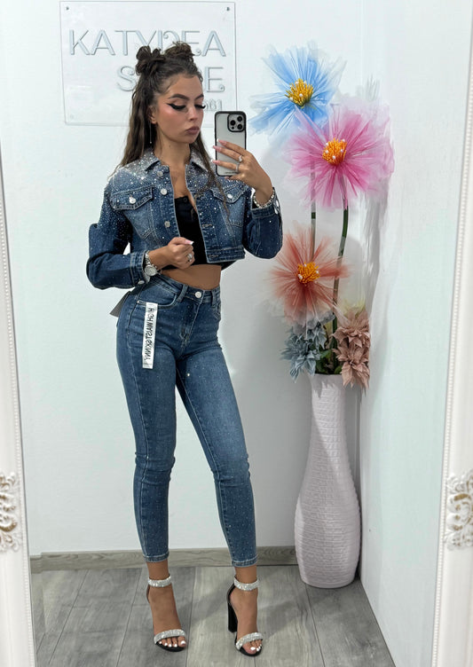 Jeans skinny albaștri cu cristale Clara