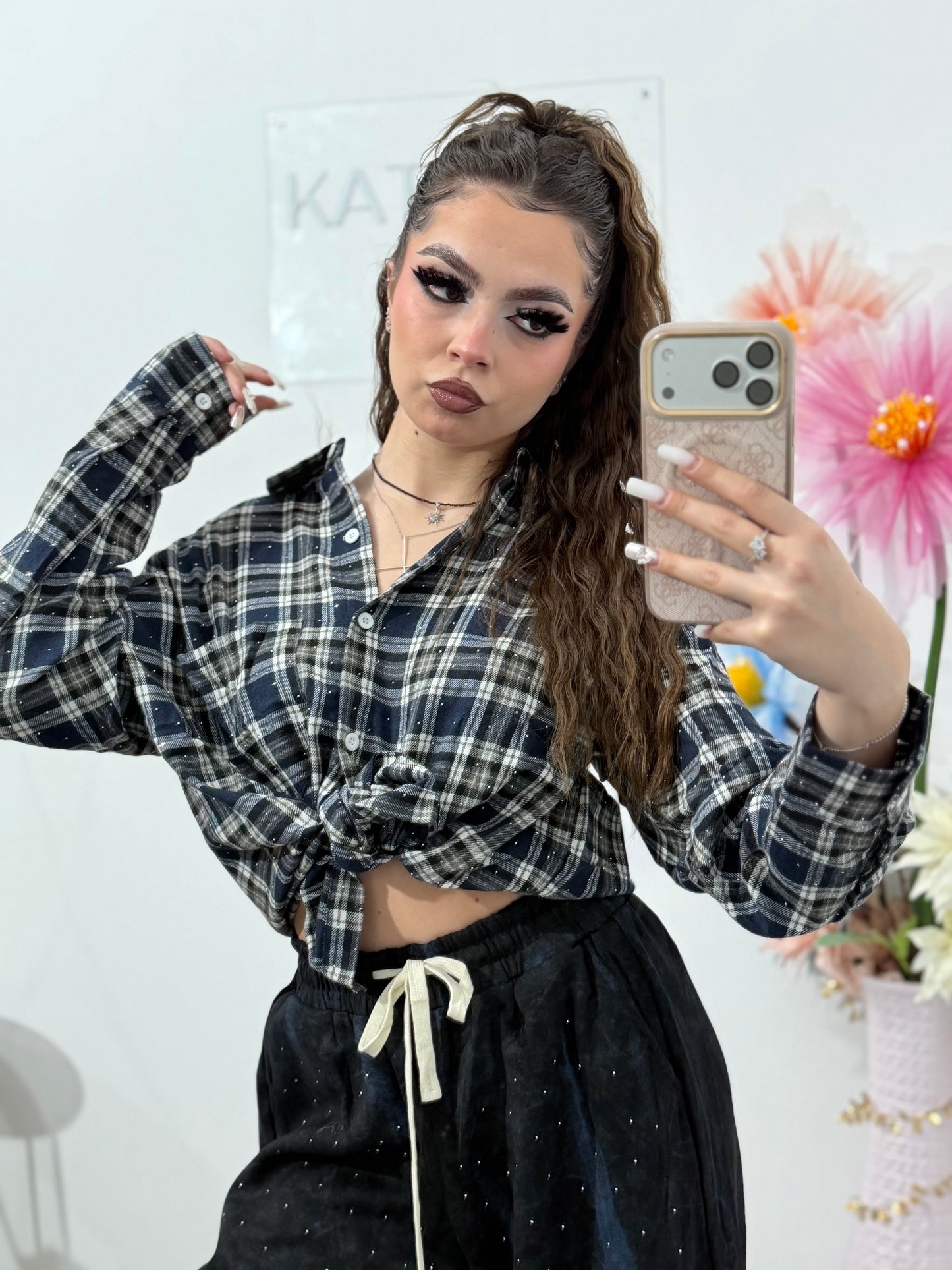 Cămașă în carouri cu cristale ștanțate XONIA