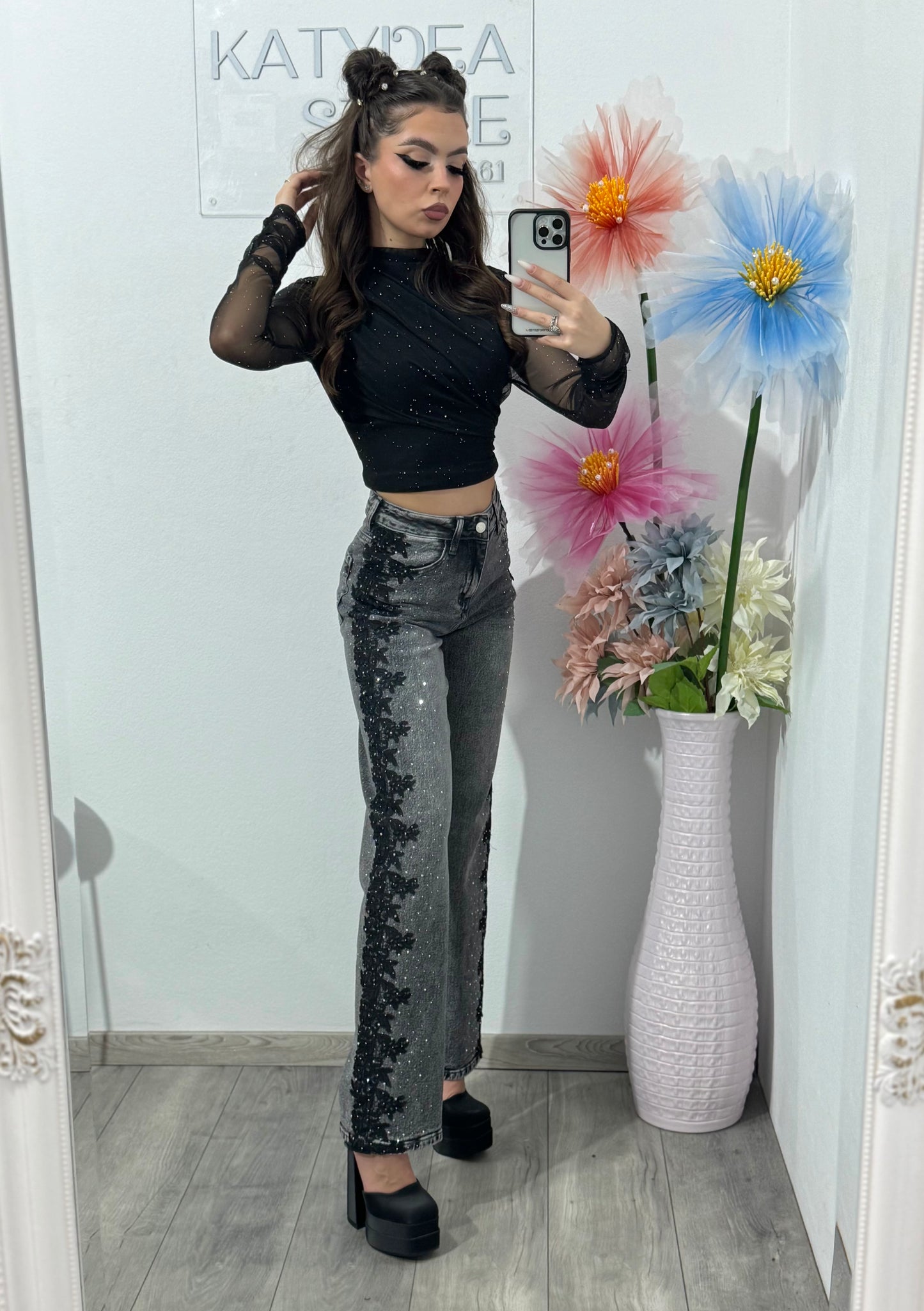 Jeans WideLeg cu dantelă și cristale LUXE