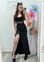 Rochie elegantă cu corset și cristale ștanțate neagră Alice