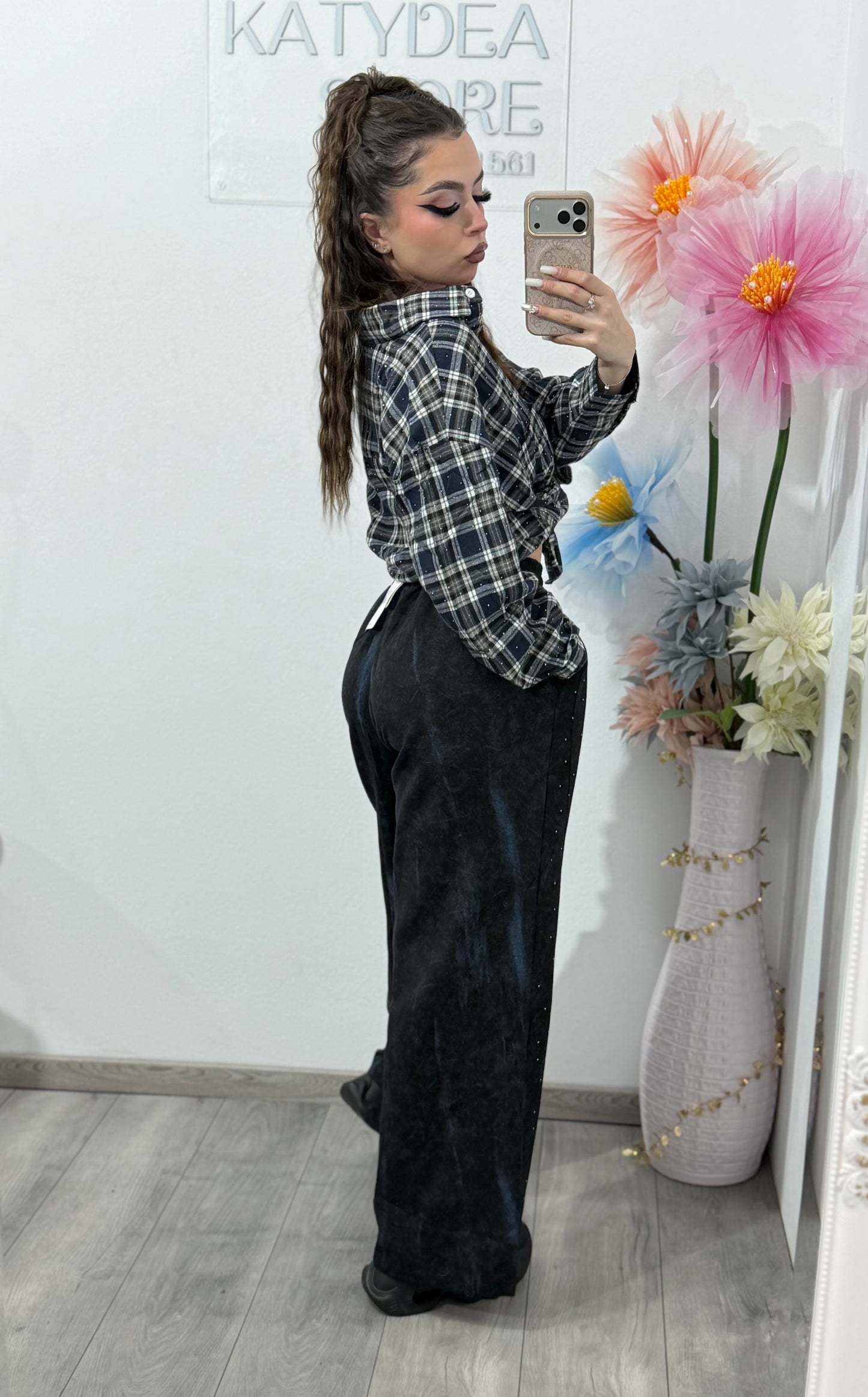 Pantaloni WideLeg black&blue cu cristale