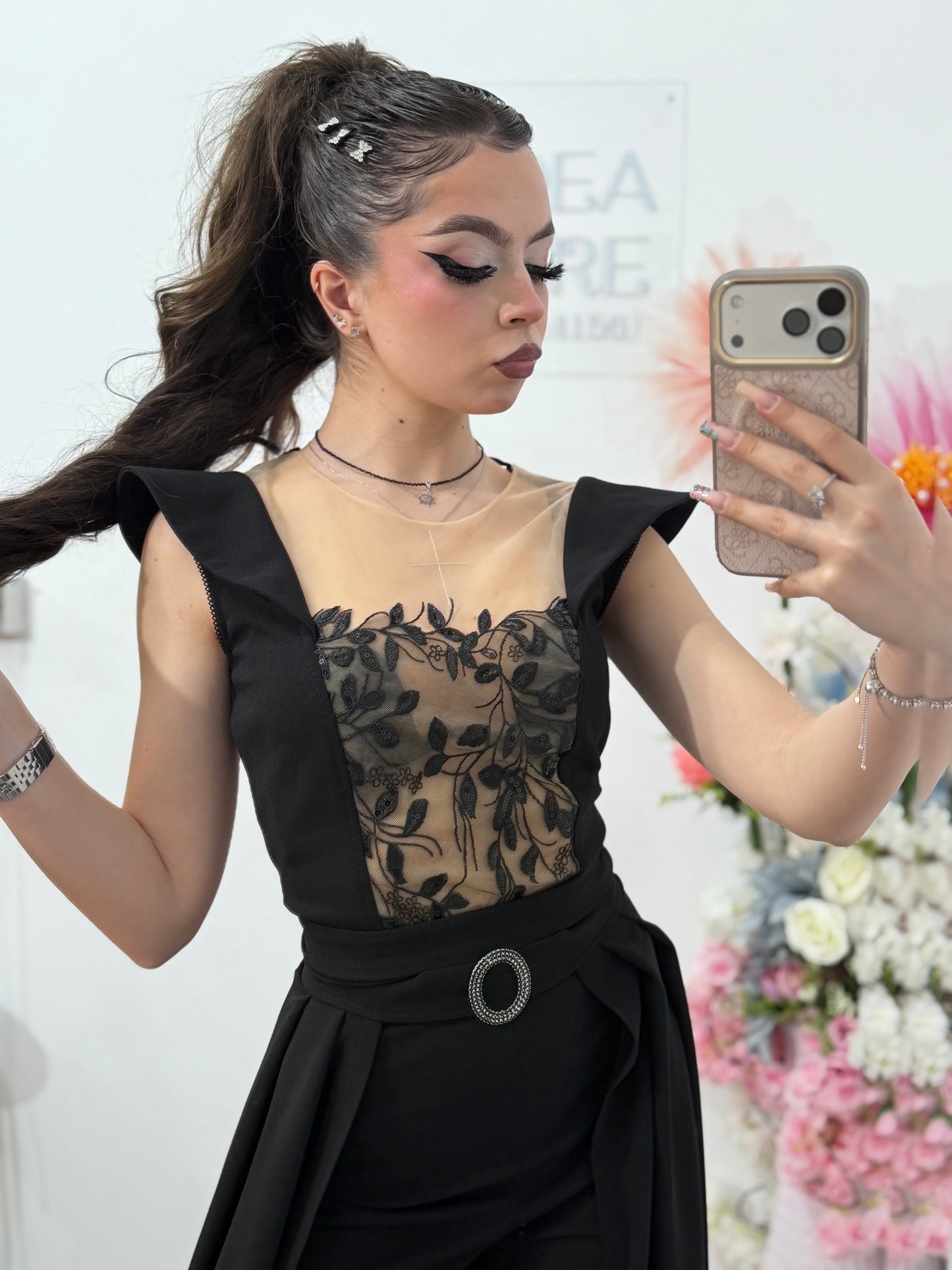Salopeta neagra eleganta cu trena detasabilă Belle