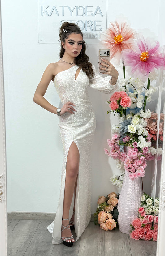 Rochie lunga alba cu paiete strălucitoare Cristinne