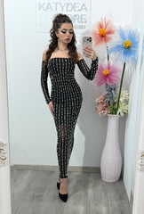 Rochie din dantelă neagră cu cristale și perle RALUKA