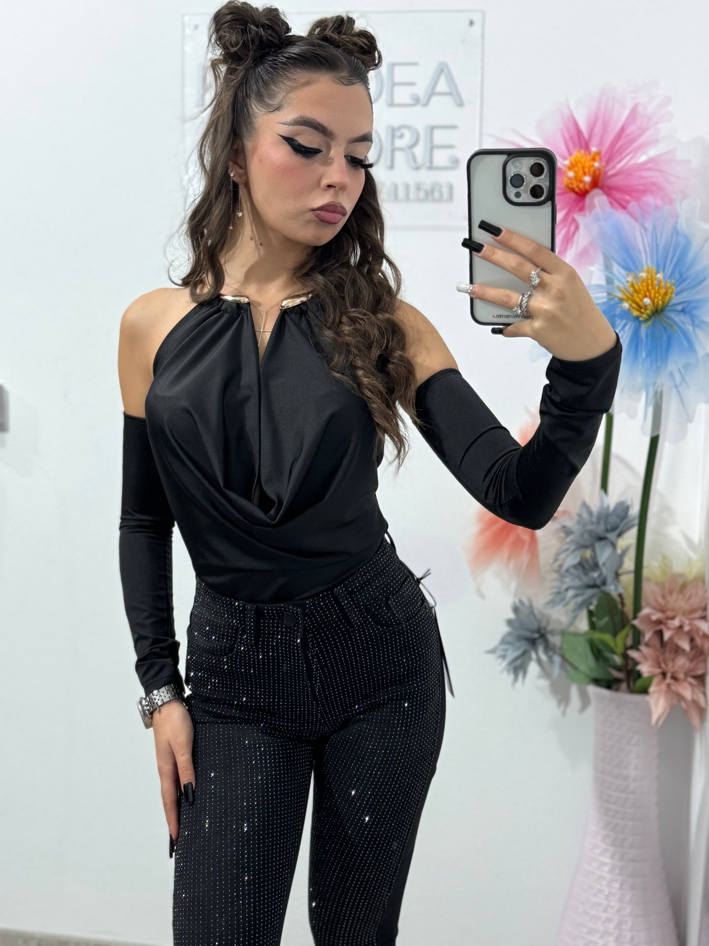 Jeans skinny negri cu cristale Wella