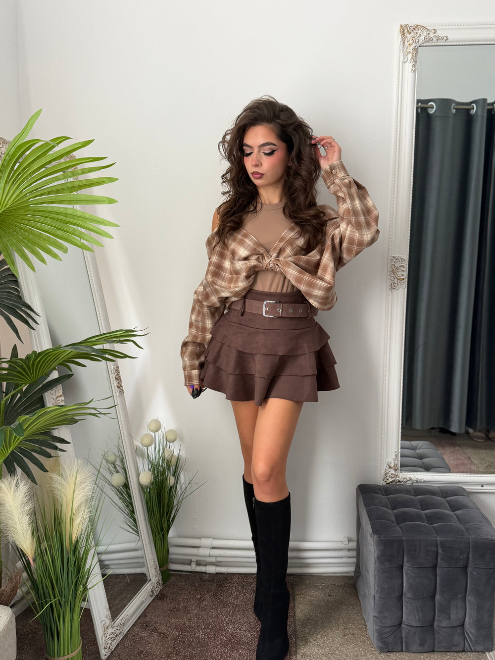 Fustă cu volanase maro