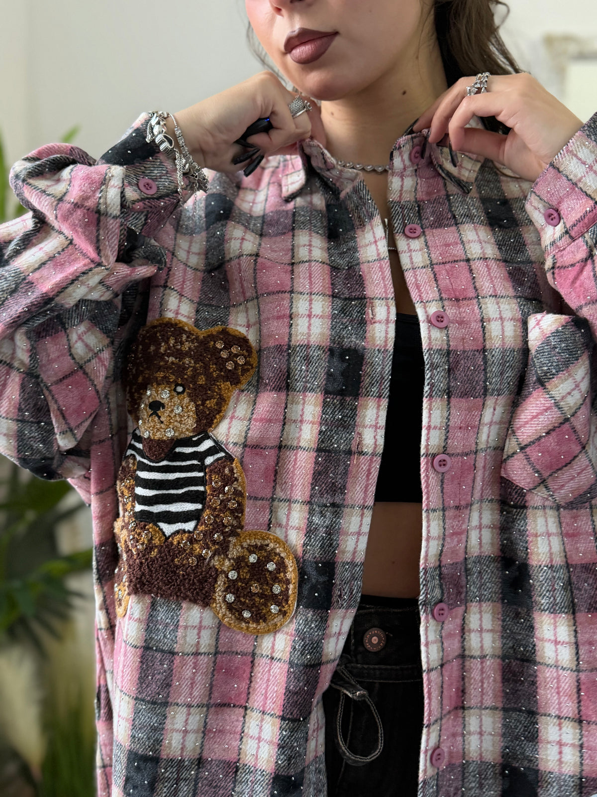 Cămașă în carouri cu pietre TEDDY roz