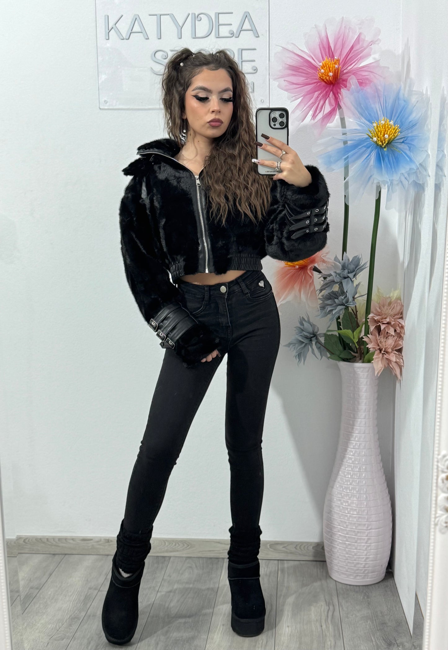 Geacă cu piele și blană neagră Andree