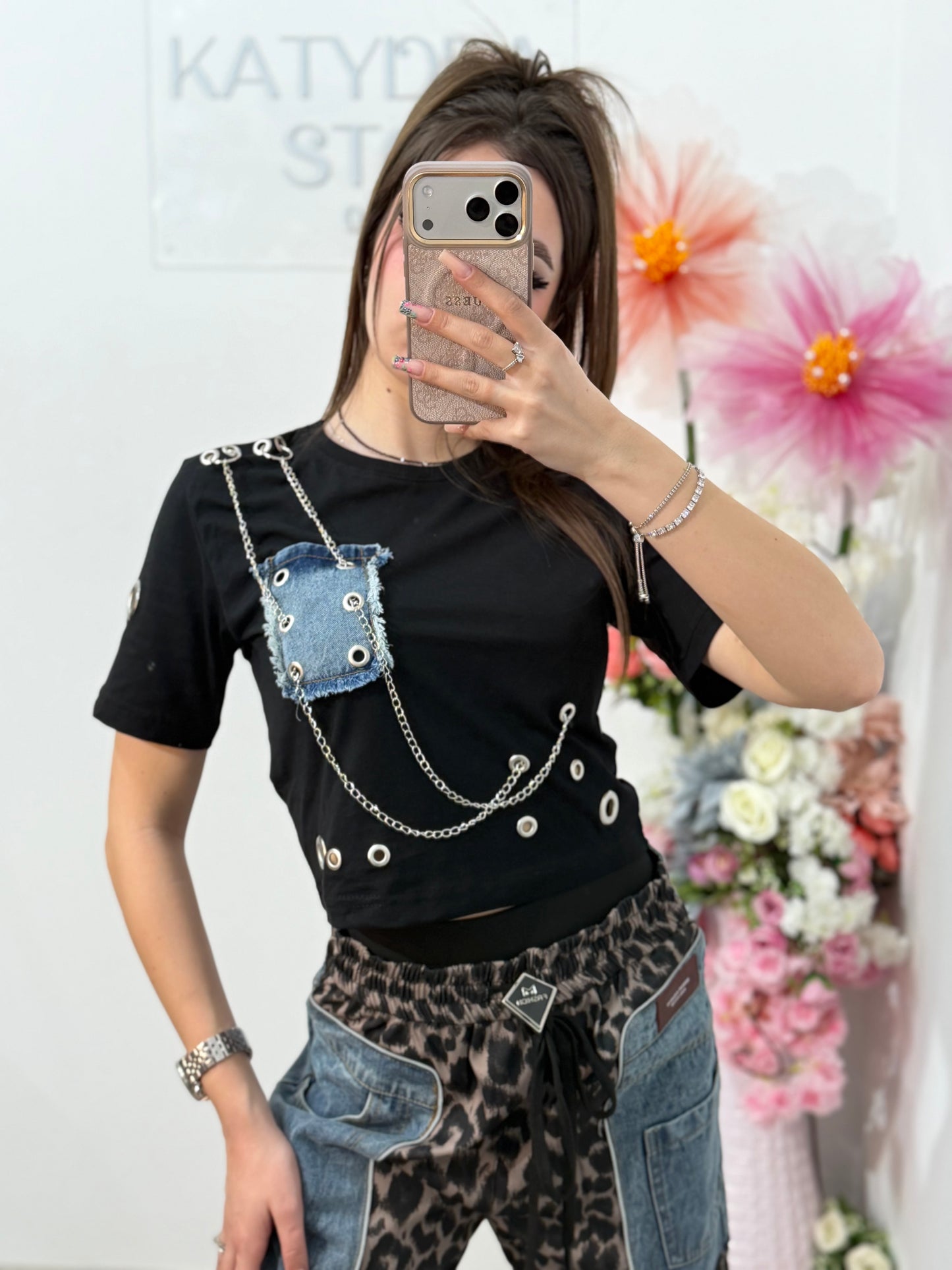 Tricou crop cu inserție din denim și accesorii MYA