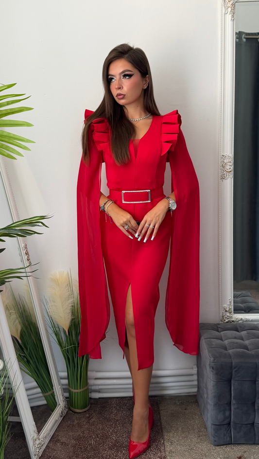 Rochie elegantă rosie din neopren midi MARIA