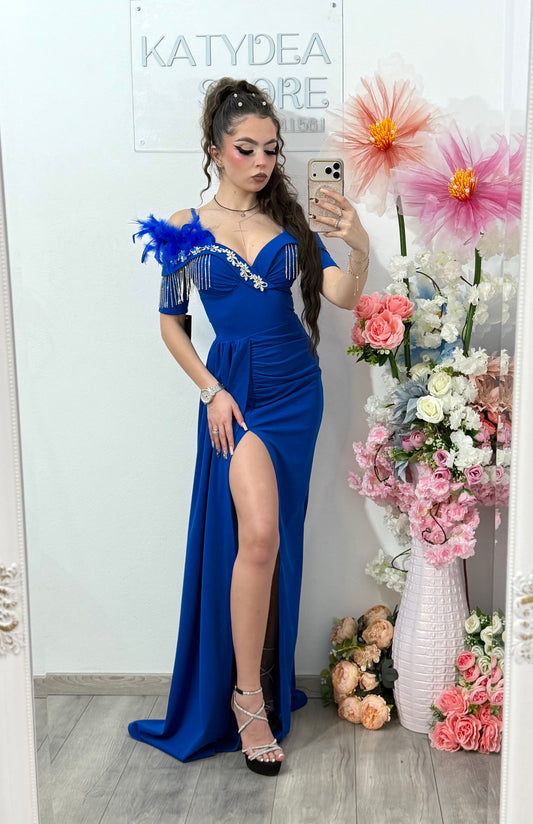 Rochie elegantă off-shoulder cu slit și detalii luxury albastra