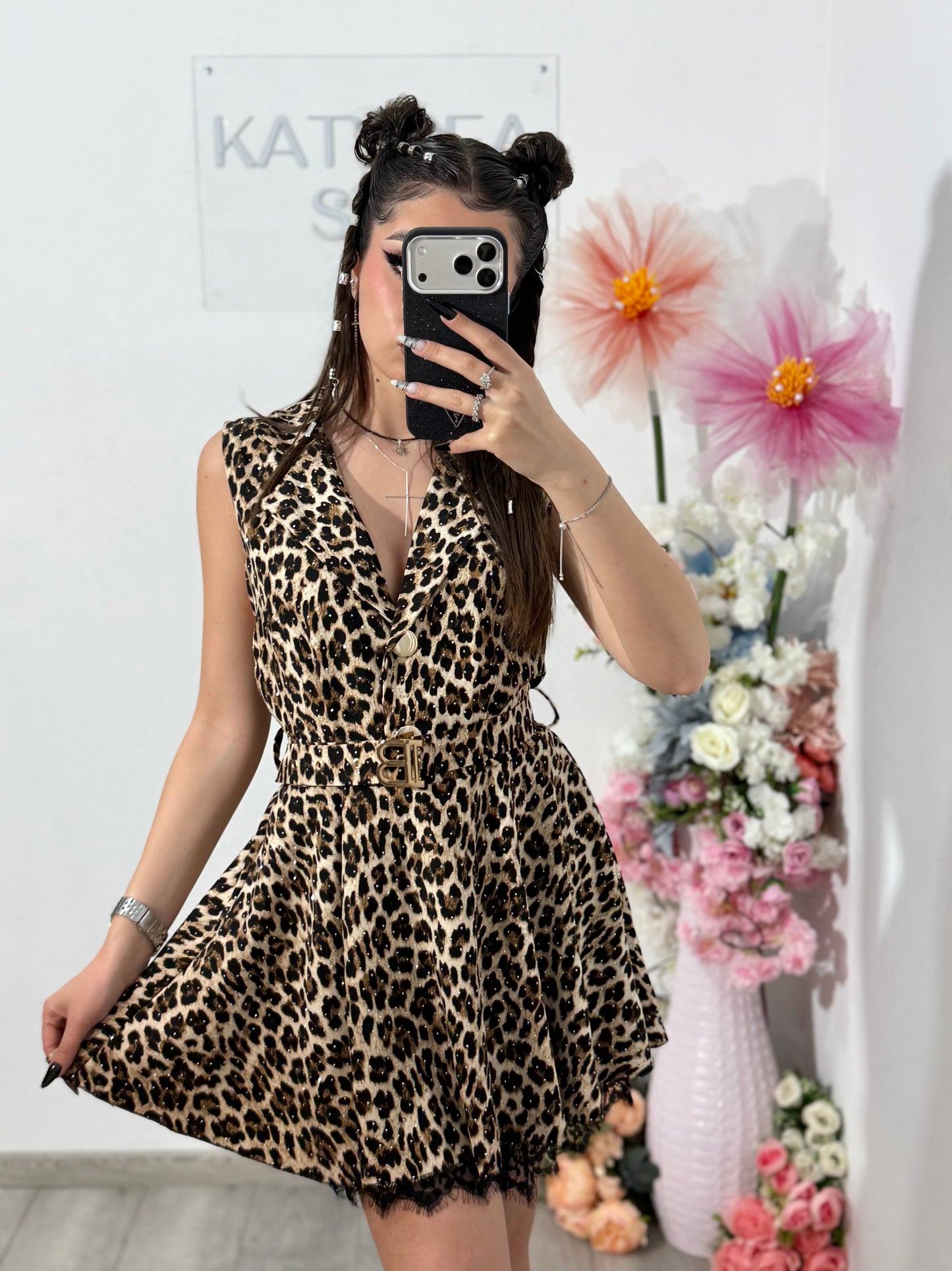 Salopetă elegantă cu cristale și imprimeu animal VICTORIA
