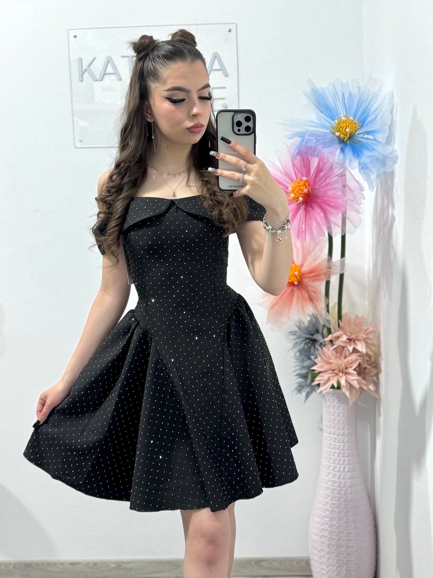 Rochie cu cristale ștanțate neagră Clary