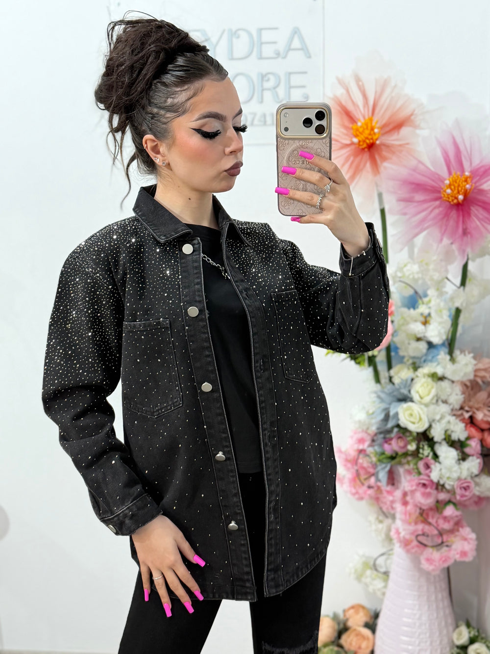 Jacheta din denim neagra cu cristale ștanțate MAYA
