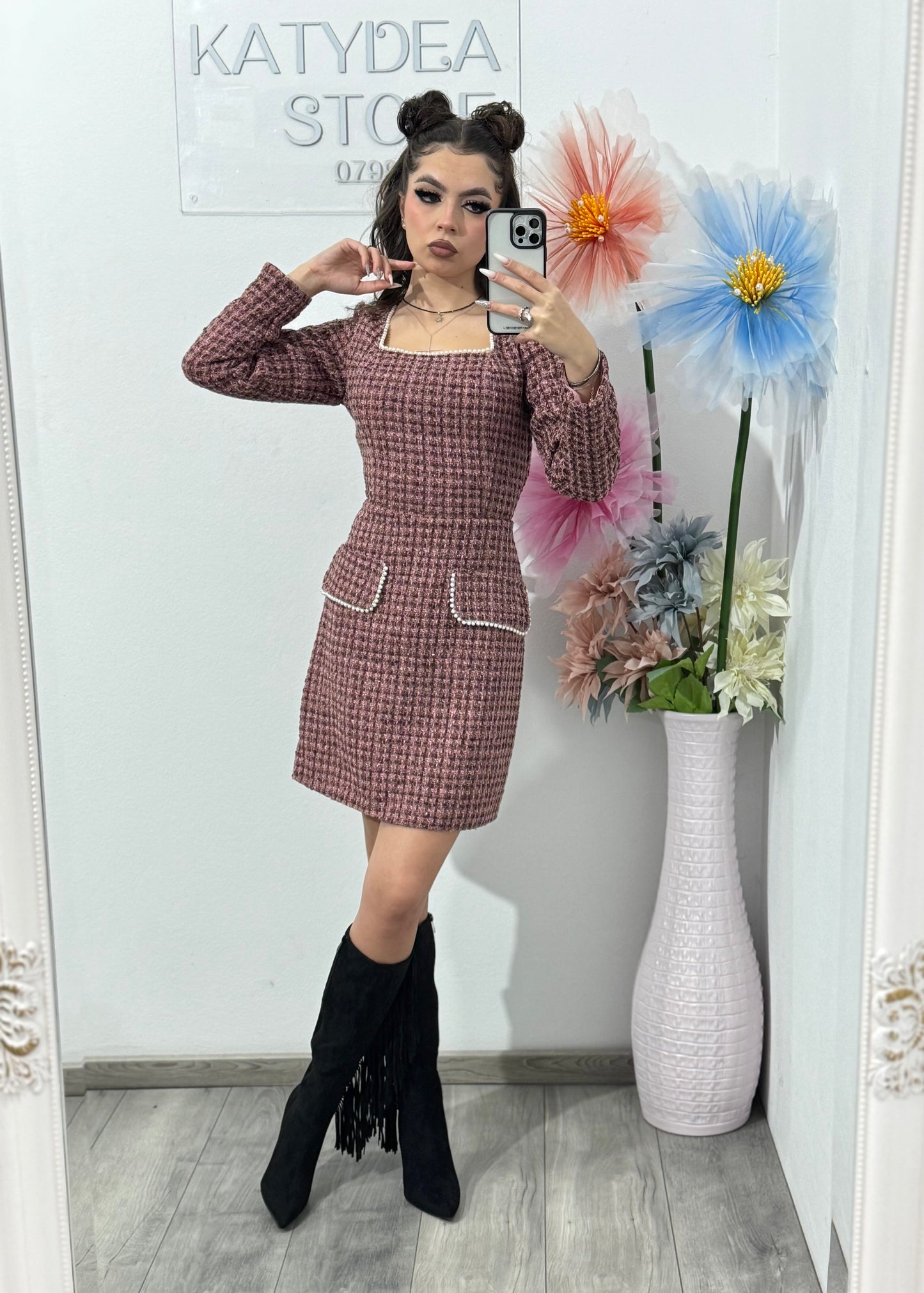 Rochie din tweed roz ELLA