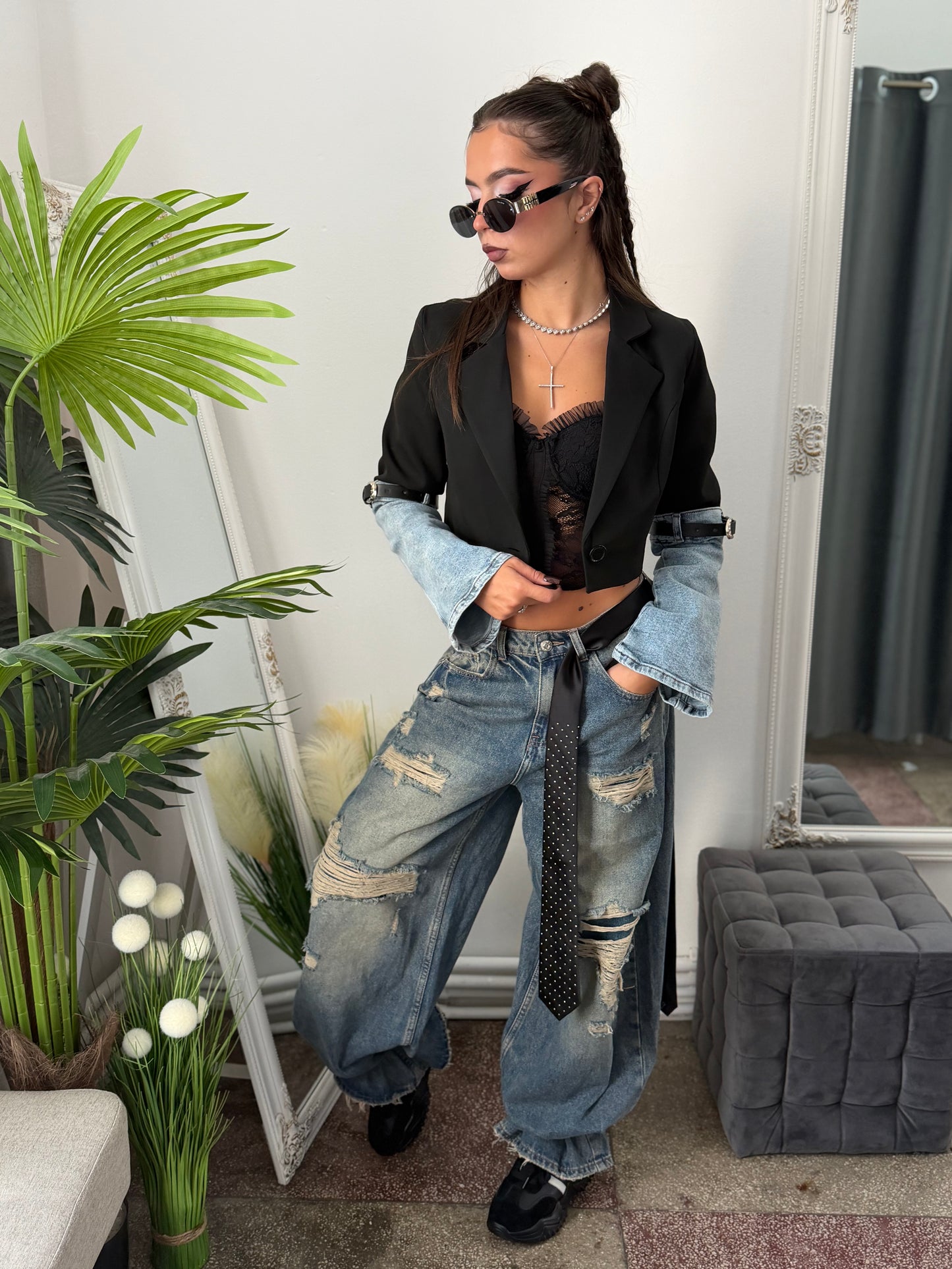 Sacou crop cu mânecă din denim
