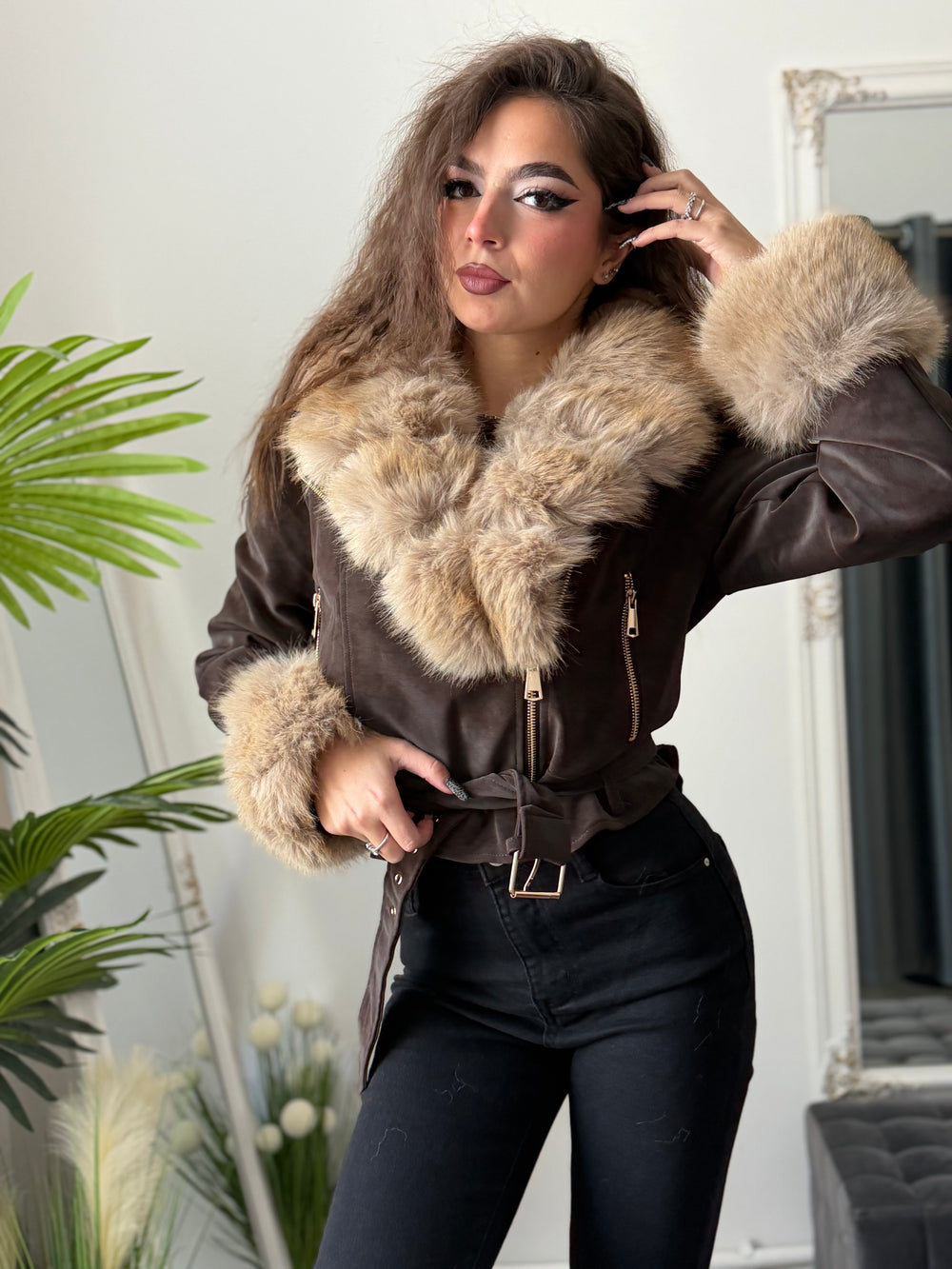 Geacă din imitație de piele și blană BROWN