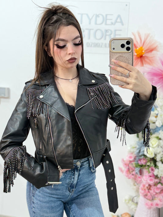 Geacă din imitație de piele cu franjuri neagră MARA