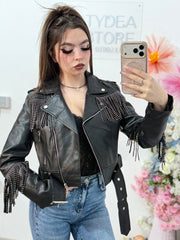 Geacă din imitație de piele cu franjuri neagră MARA