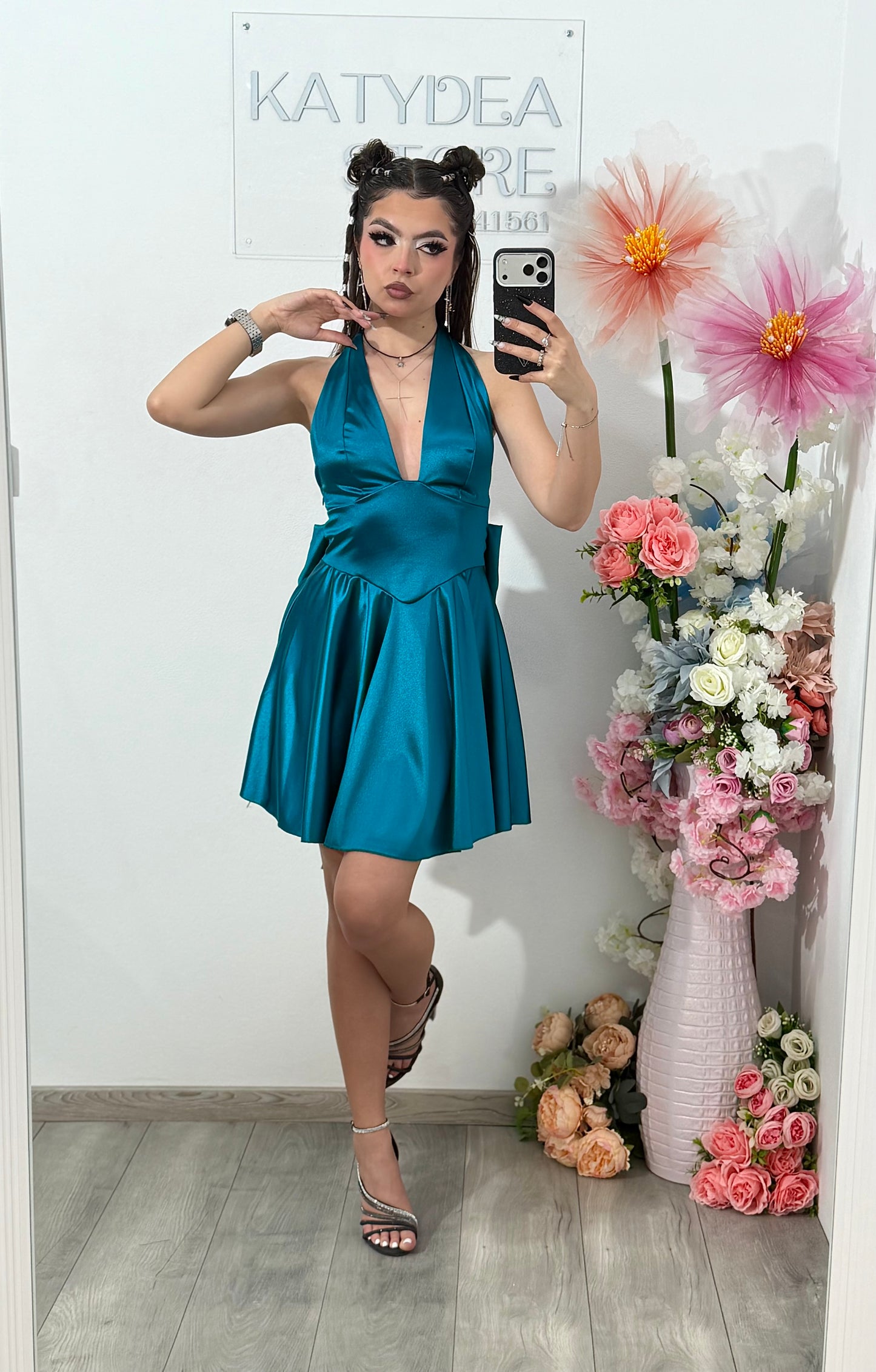 Rochie satinata cu funda BELLE turcoaz