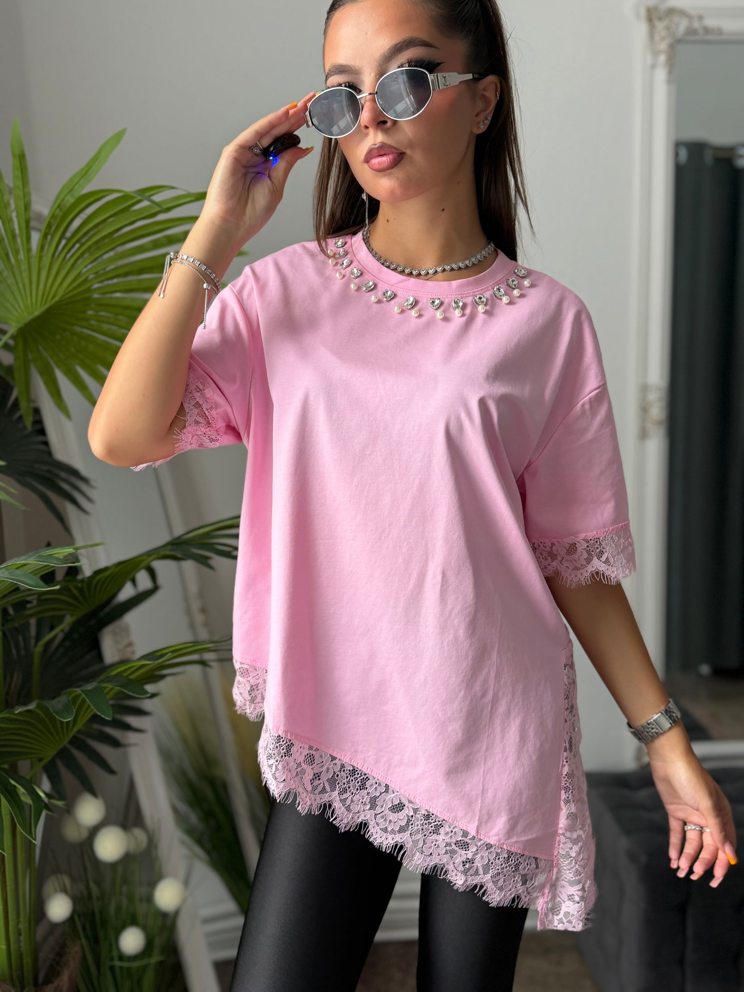 Tricou cu dantelă roz SARA