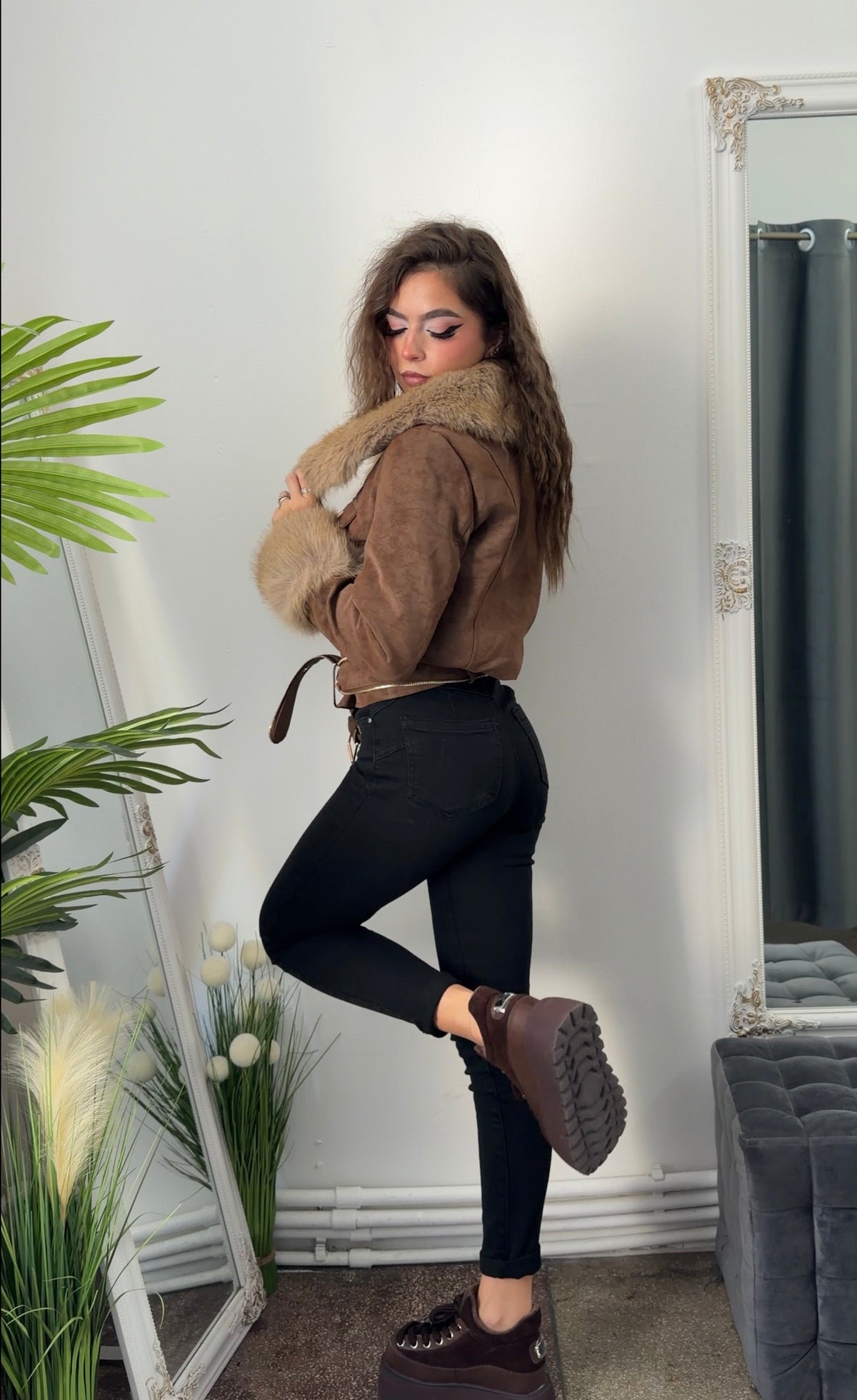 Geacă din imitație de piele și blană CAMEL