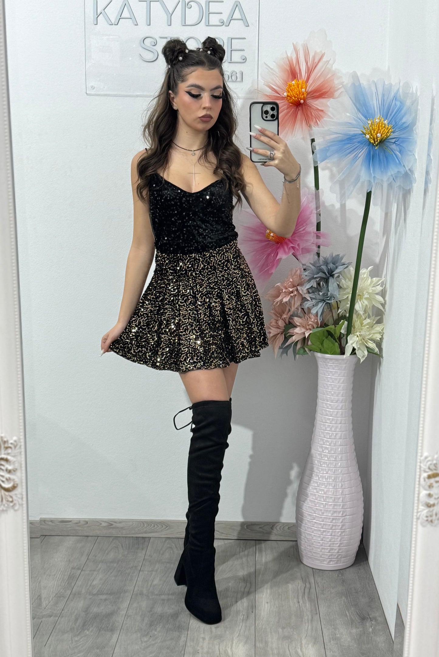 Fustă-pantalon plisată din paiete aurii DELIA