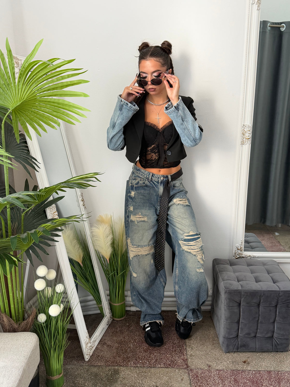 Sacou crop cu mânecă din denim