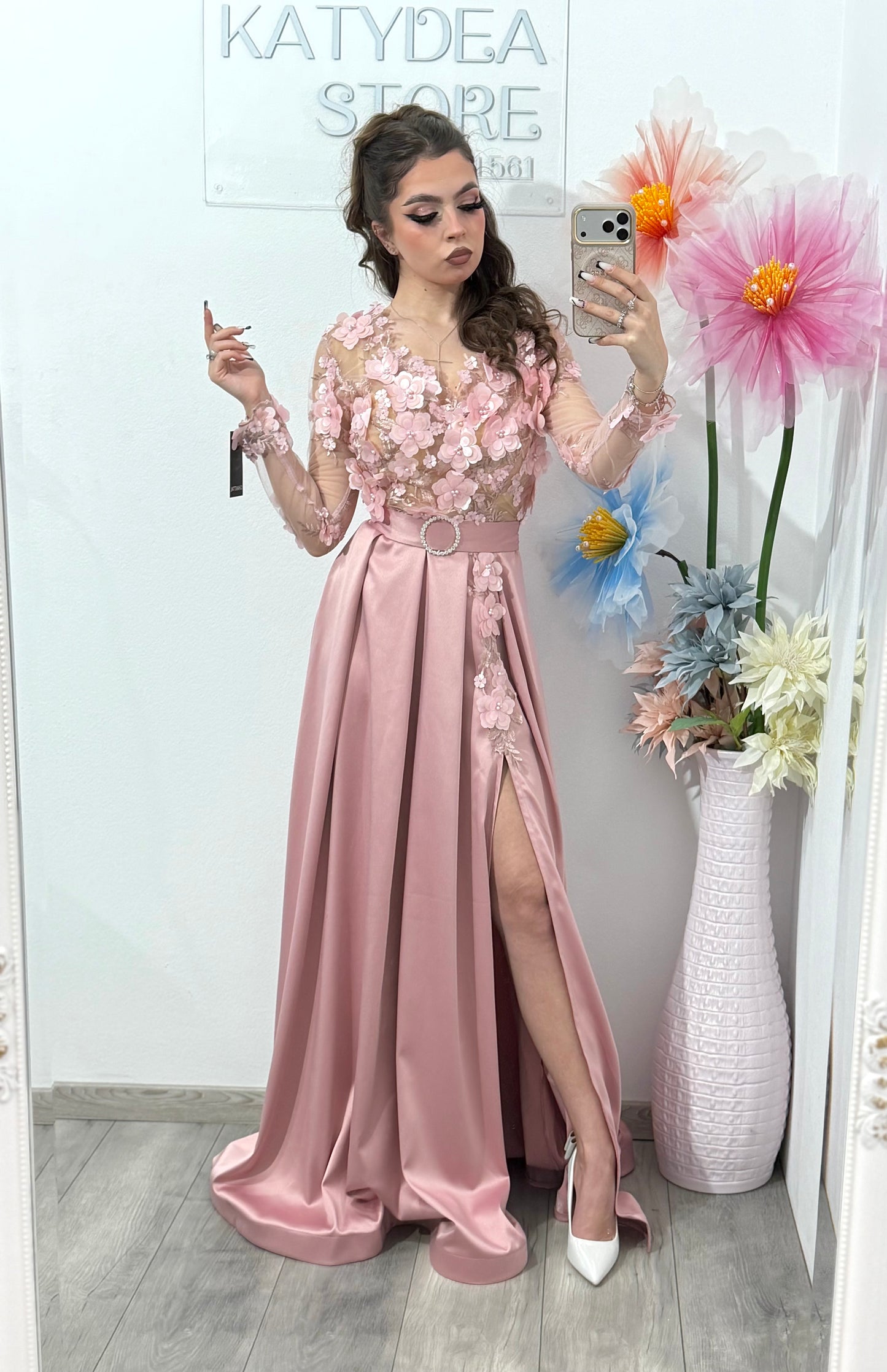 Rochie lunga din tafta roz cu dantela 3D AnaSofia