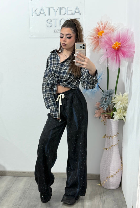 Pantaloni WideLeg black&blue cu cristale