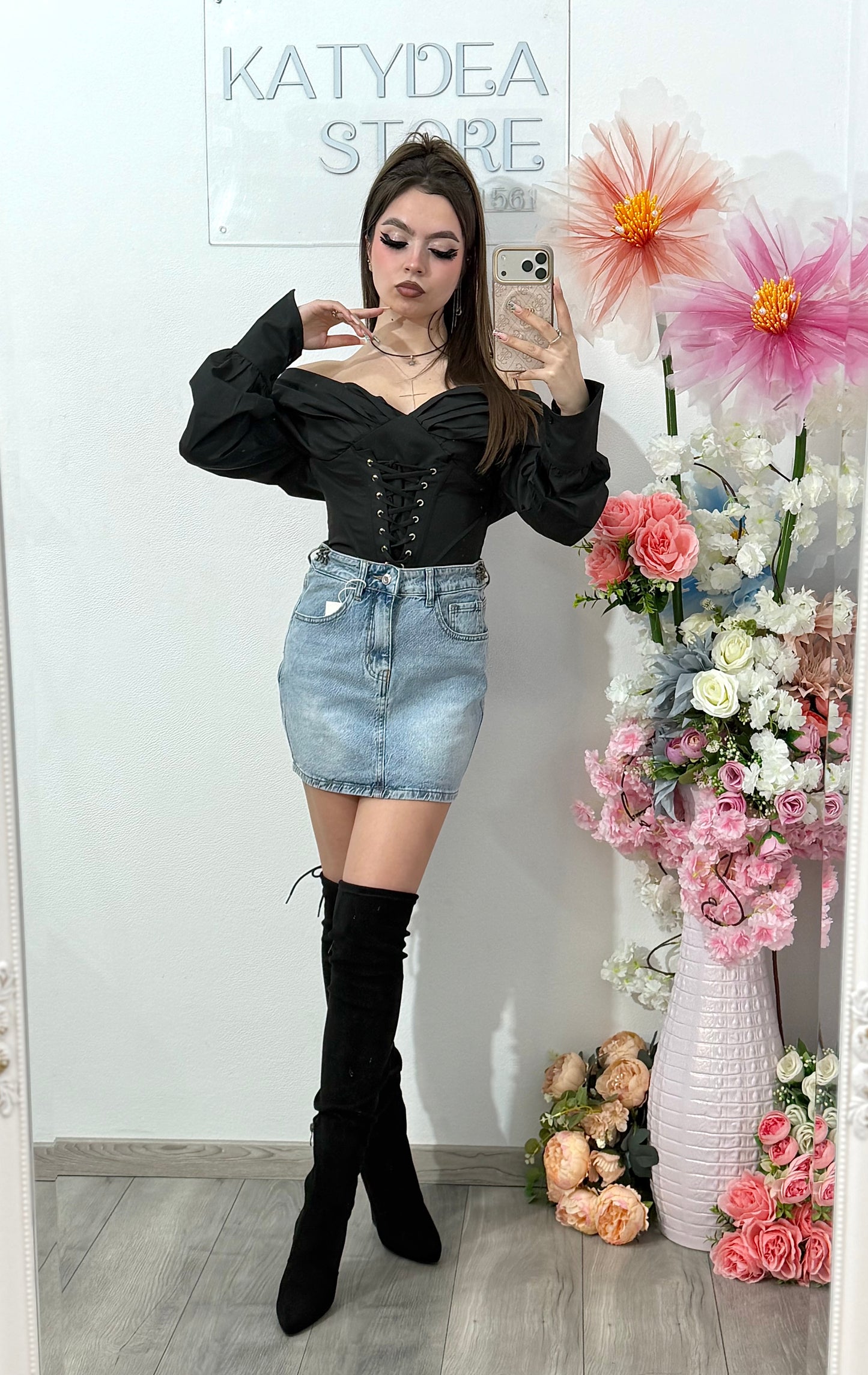 Fustă din denim cu buzunar roz cu cristale RAMONA