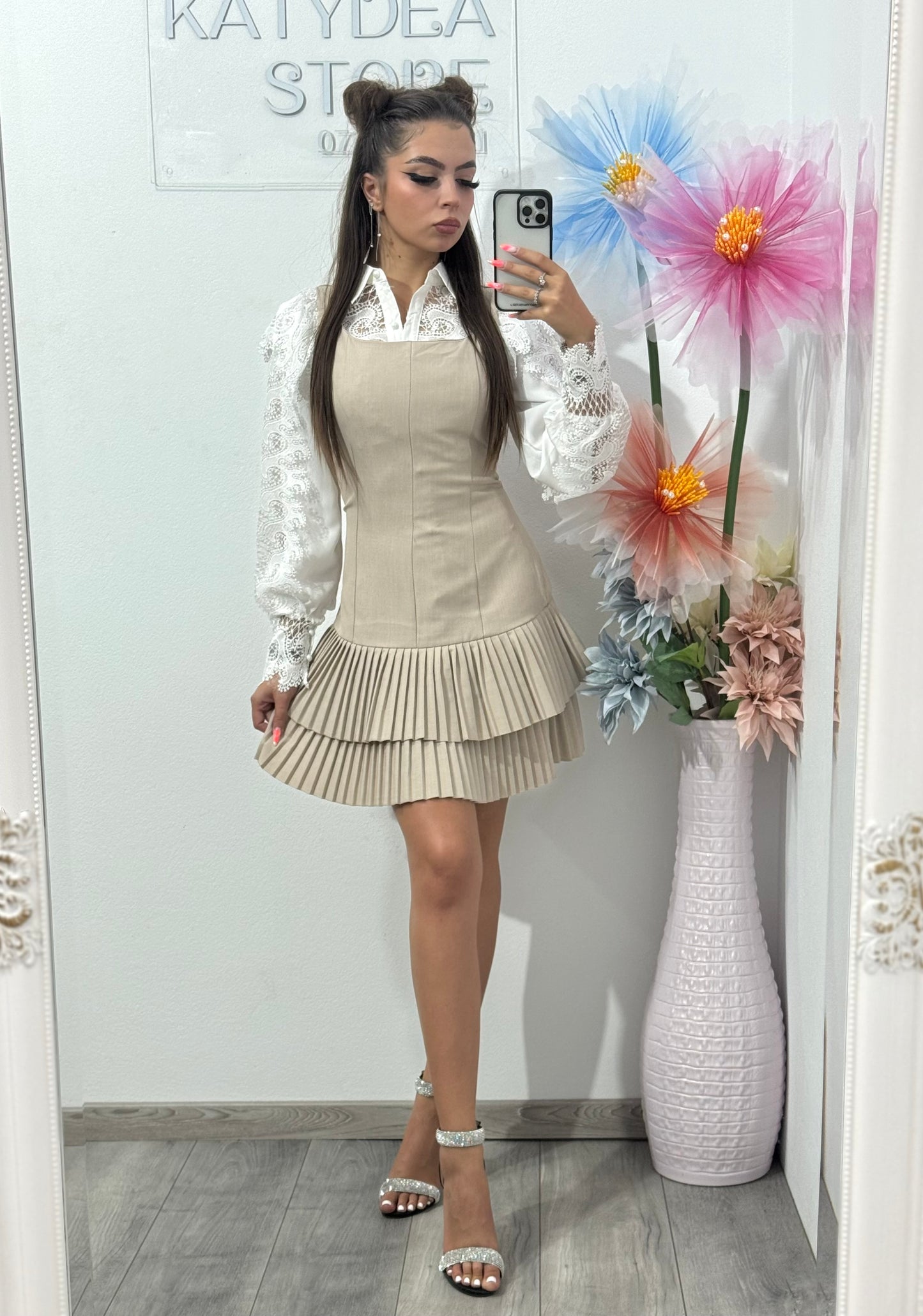 Sarafan cu pliseu beige Alina