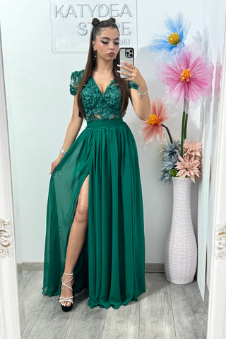 Rochie din voal cu dantelă 3D verde Lucy