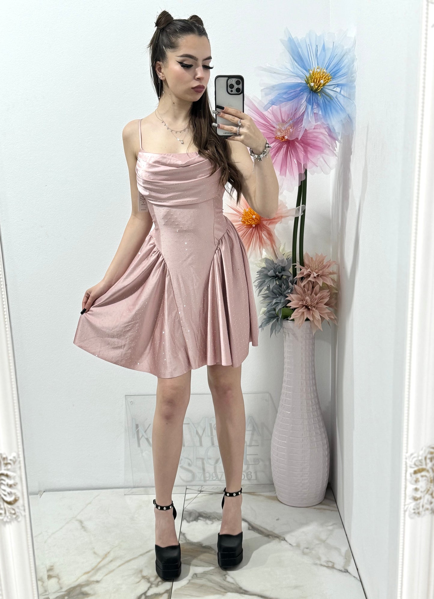 Rochie elegantă cu cristale roz pudră Ginny