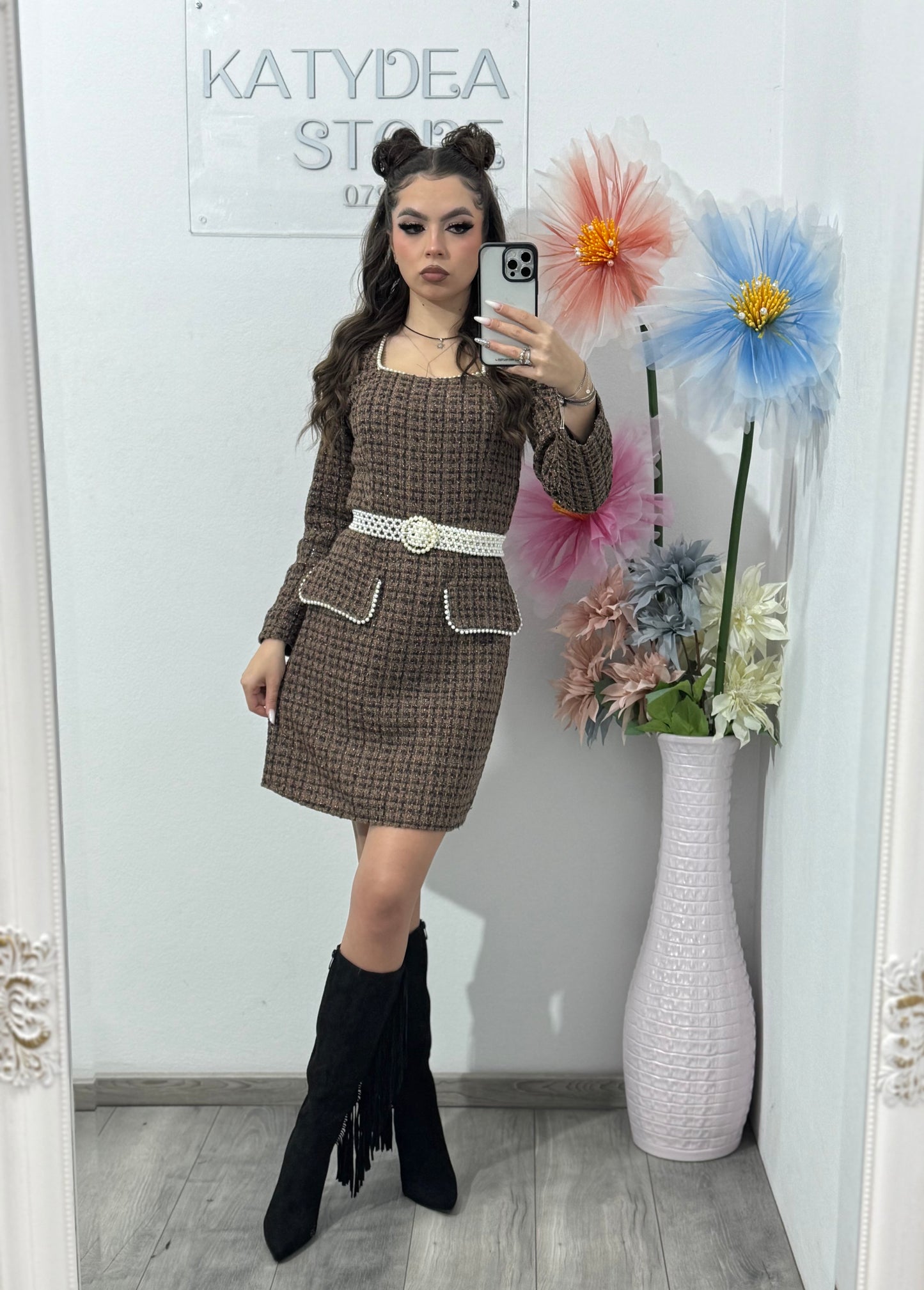 Rochie din tweed maro ELLA