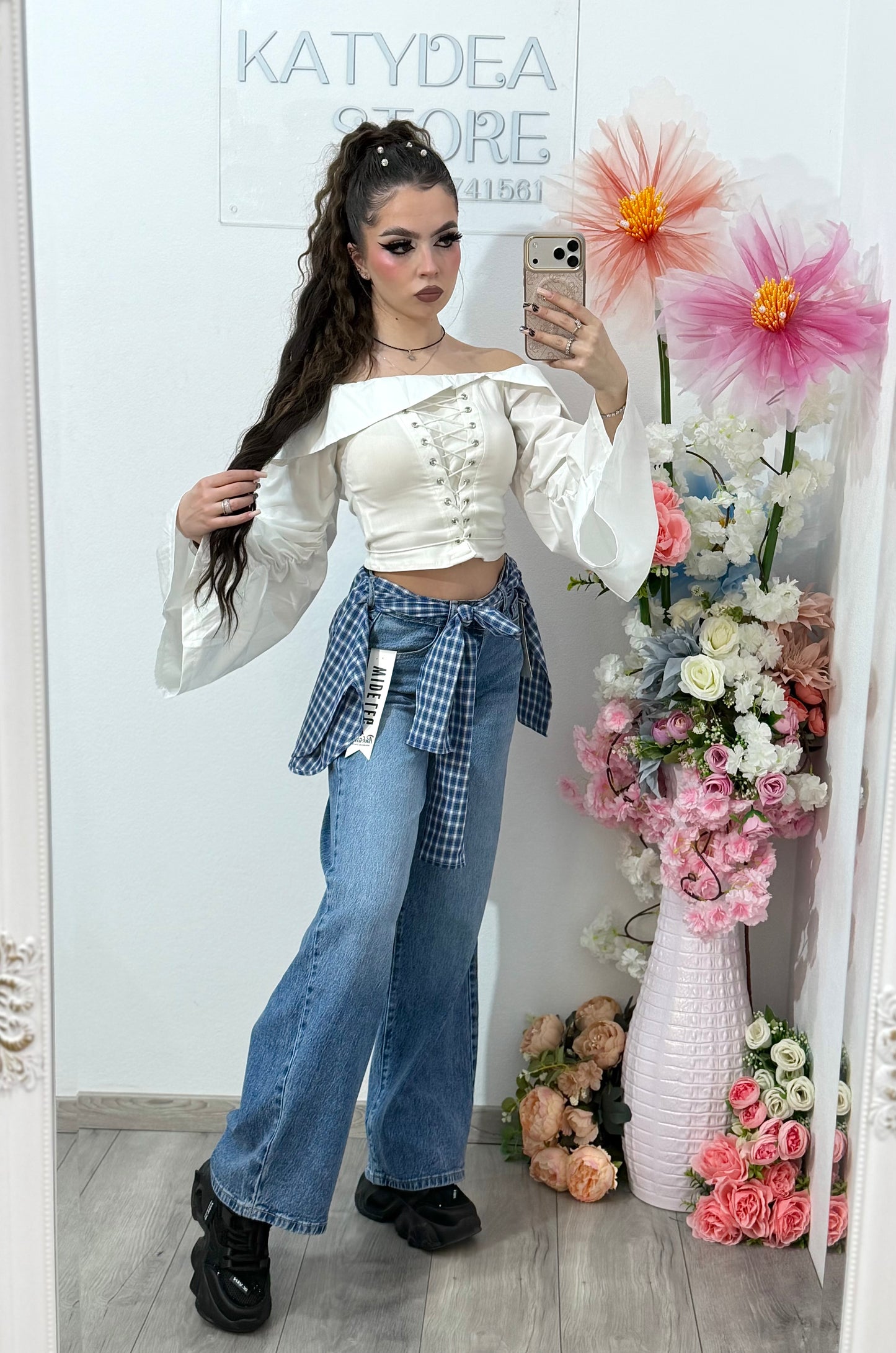 Jeans WideLeg albaștri cu cămașa în carouri detașabilă MONIK