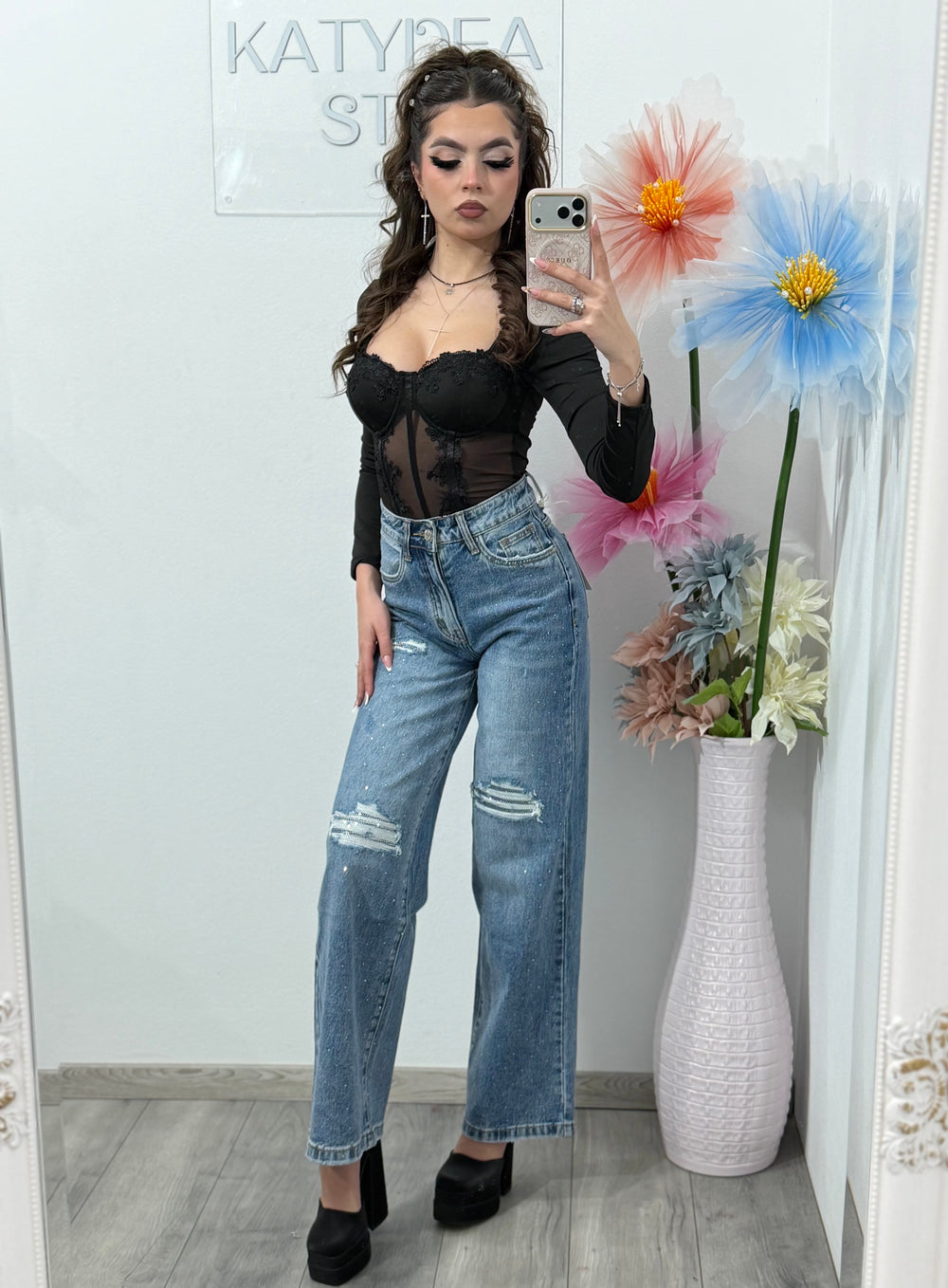 Jeans WideLeg cu cristale ștanțate ROSE