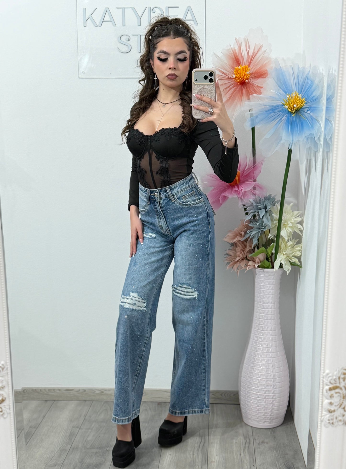 Jeans WideLeg cu cristale ștanțate ROSE