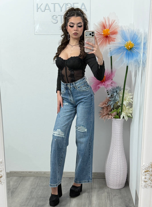 Jeans WideLeg cu cristale ștanțate ROSE