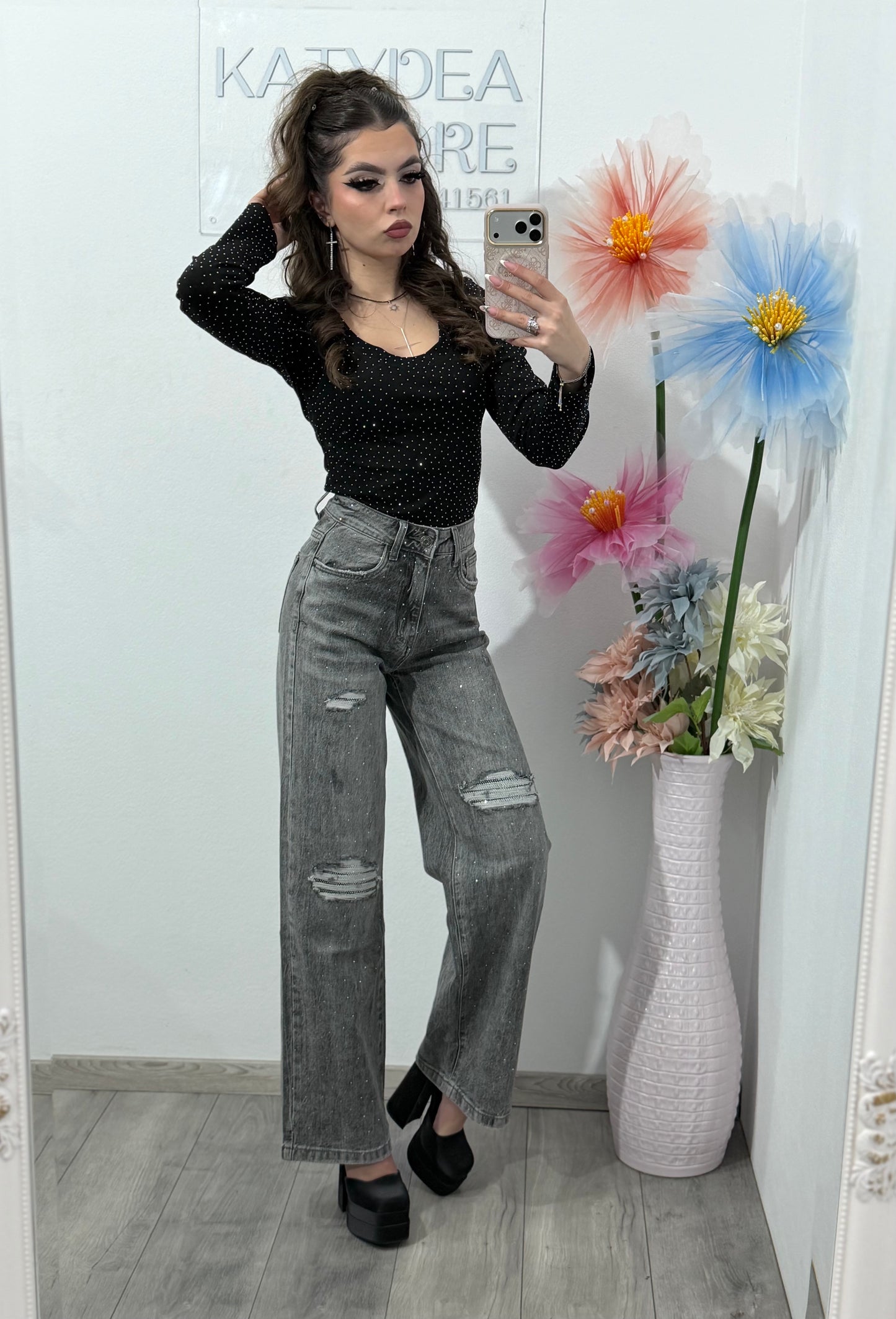 Jeans WideLeg cu cristale ștanțate  gri ROSE