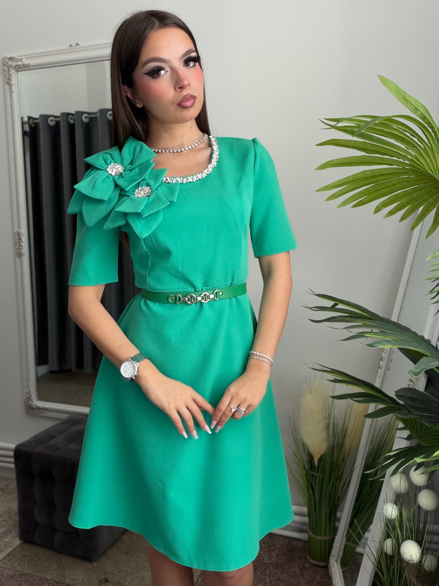 Rochie verde Flower cu aplicatii argintii