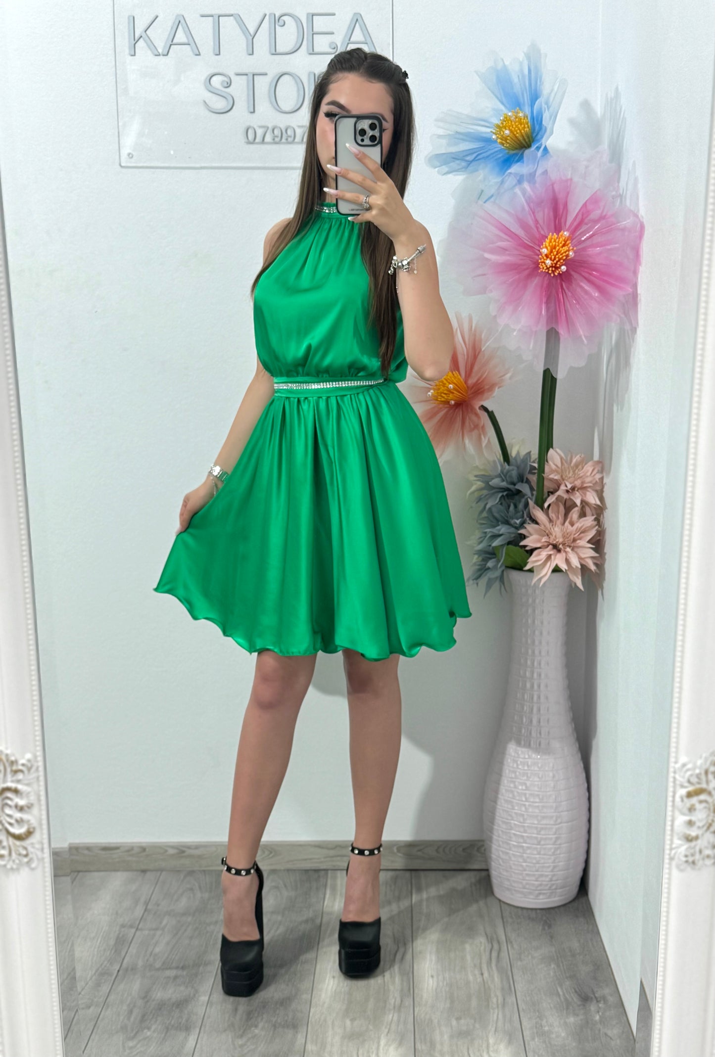 Rochie din satin verde Anastasia