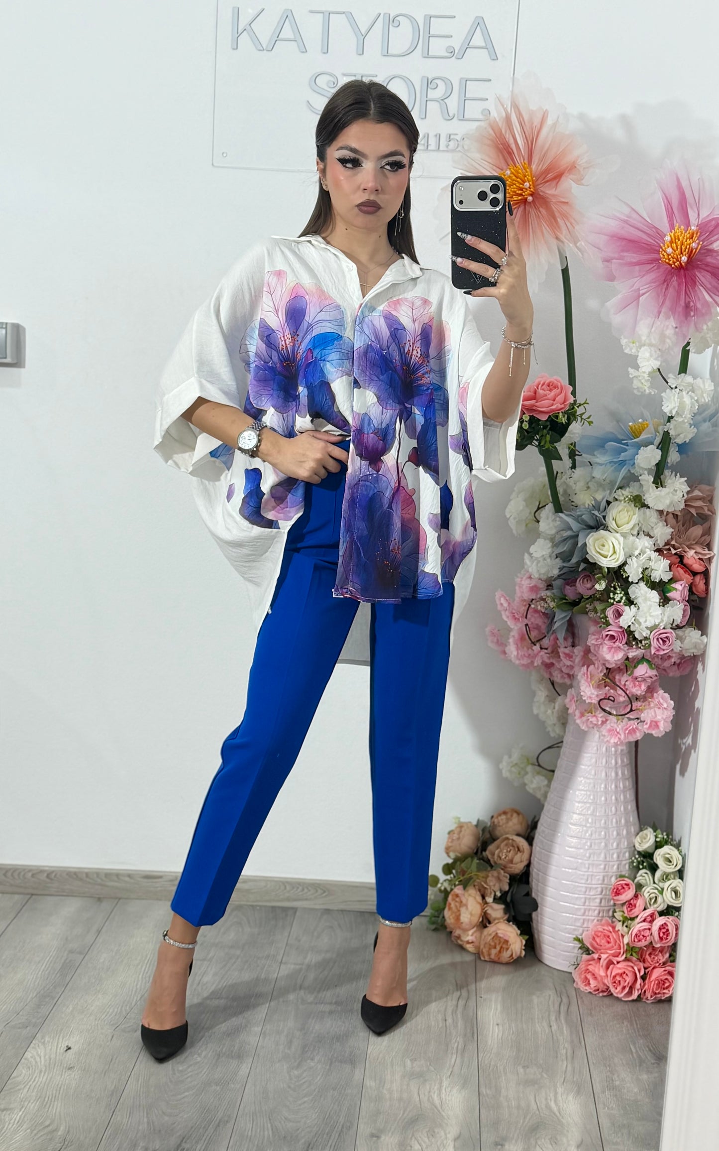 Cămașă din în cu imprimeu albastru violet ELIZA